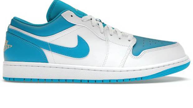 Side view of aqua and white Air Jordan shoe.